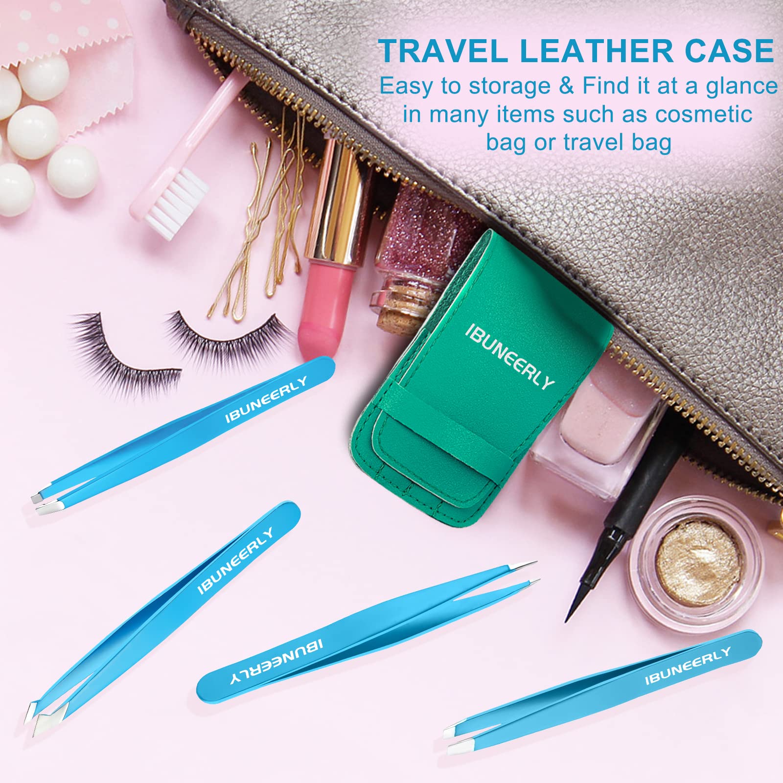 Ibuneerly Tweezers Set, 4Pcs Tweezers For Women With Travel Case, Professional Stainless Steel Eyebrows Tweezers, Great Precisio