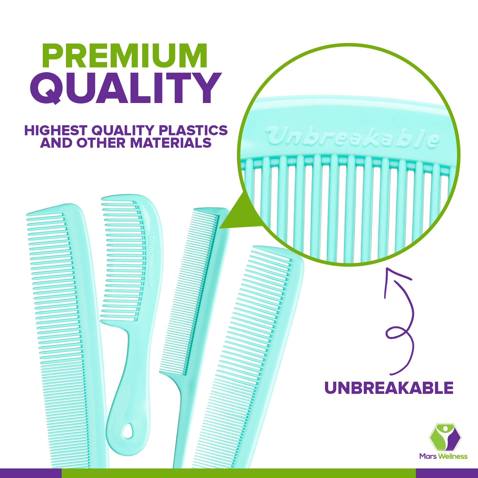 Mars Wellness 4 Piece Professional Comb Set Green - Usa Made - Fine Pro Tail Combs, Dresser Hair Comb Styling Comb - Premium Gra