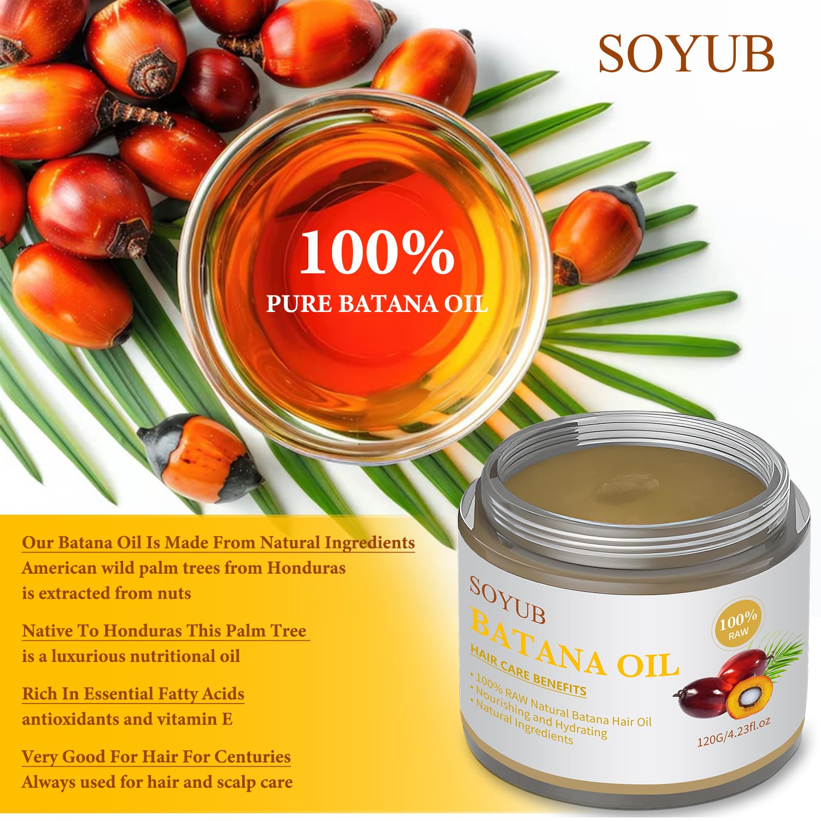 SOYUB Raw Batana Oil - 100% Pure, Unrefined Organic Hair Growth Oil, Off White, 4.23 Oz, Promotes Thickness & Prevents Hair Loss for Men &