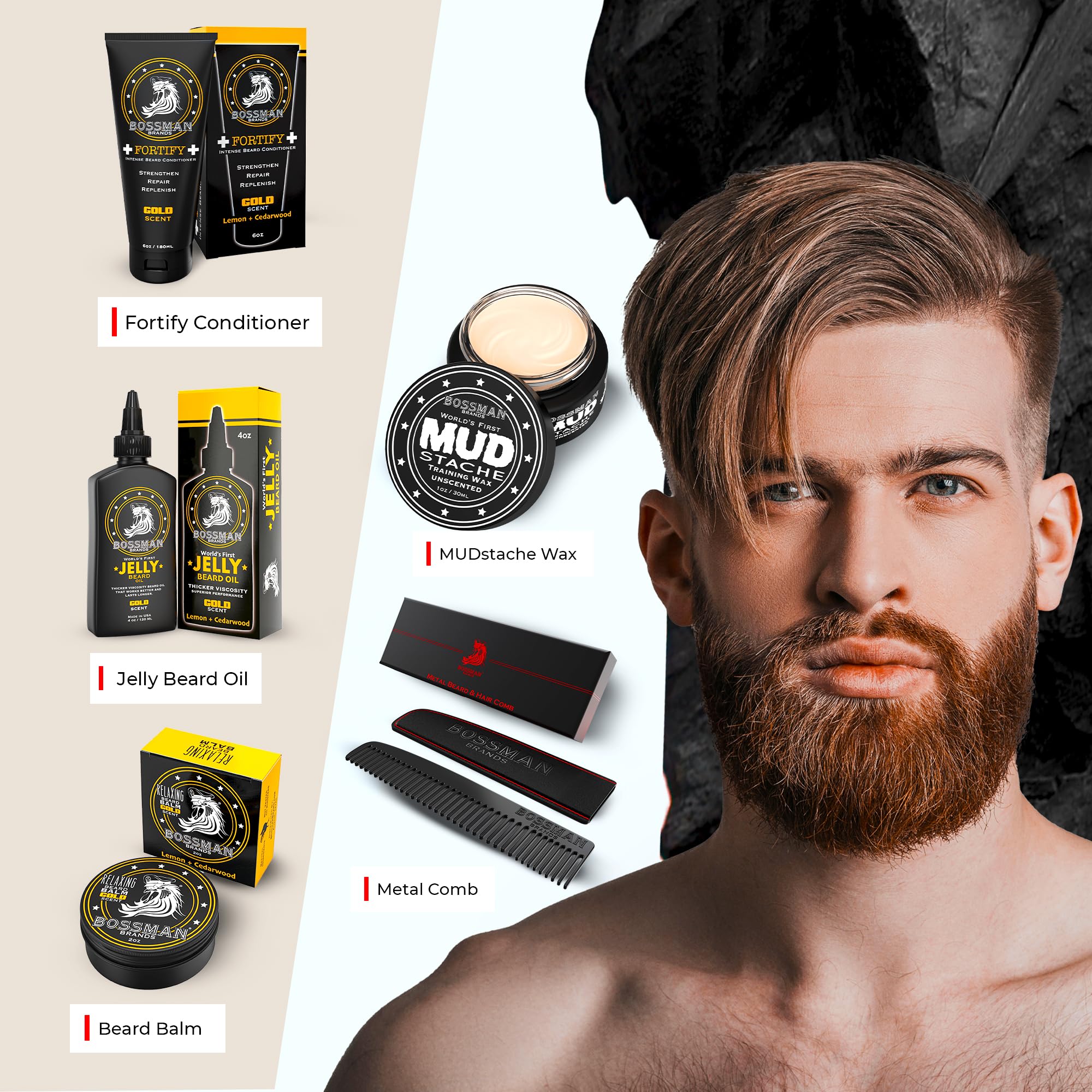 Bossman Complete Beard Kit - Men'S Beard Oil Jelly, Fortify Shower Conditioner, Balm, Mustache Wax And Comb - Beard Softener, Gr