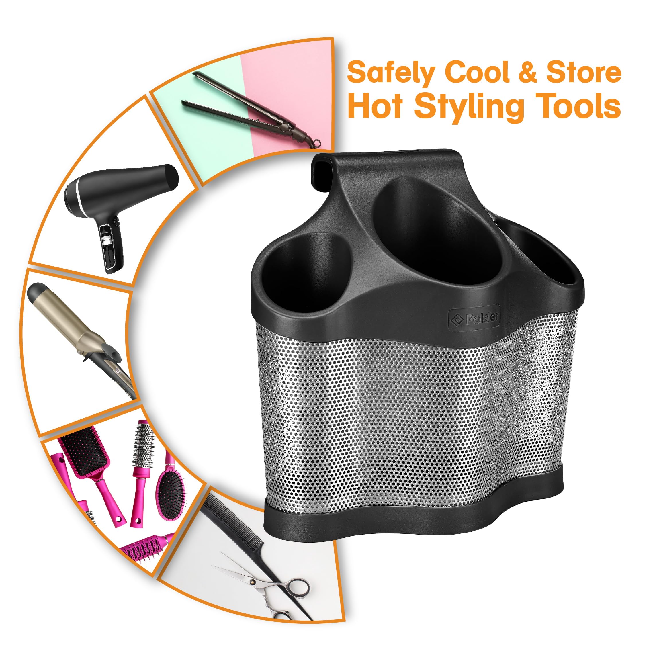 Polder Style Station, Organization For Styling Tools: Hair Dryers,Curling Irons, Straighteners, Brushes, Hang Over Towel Rack, S