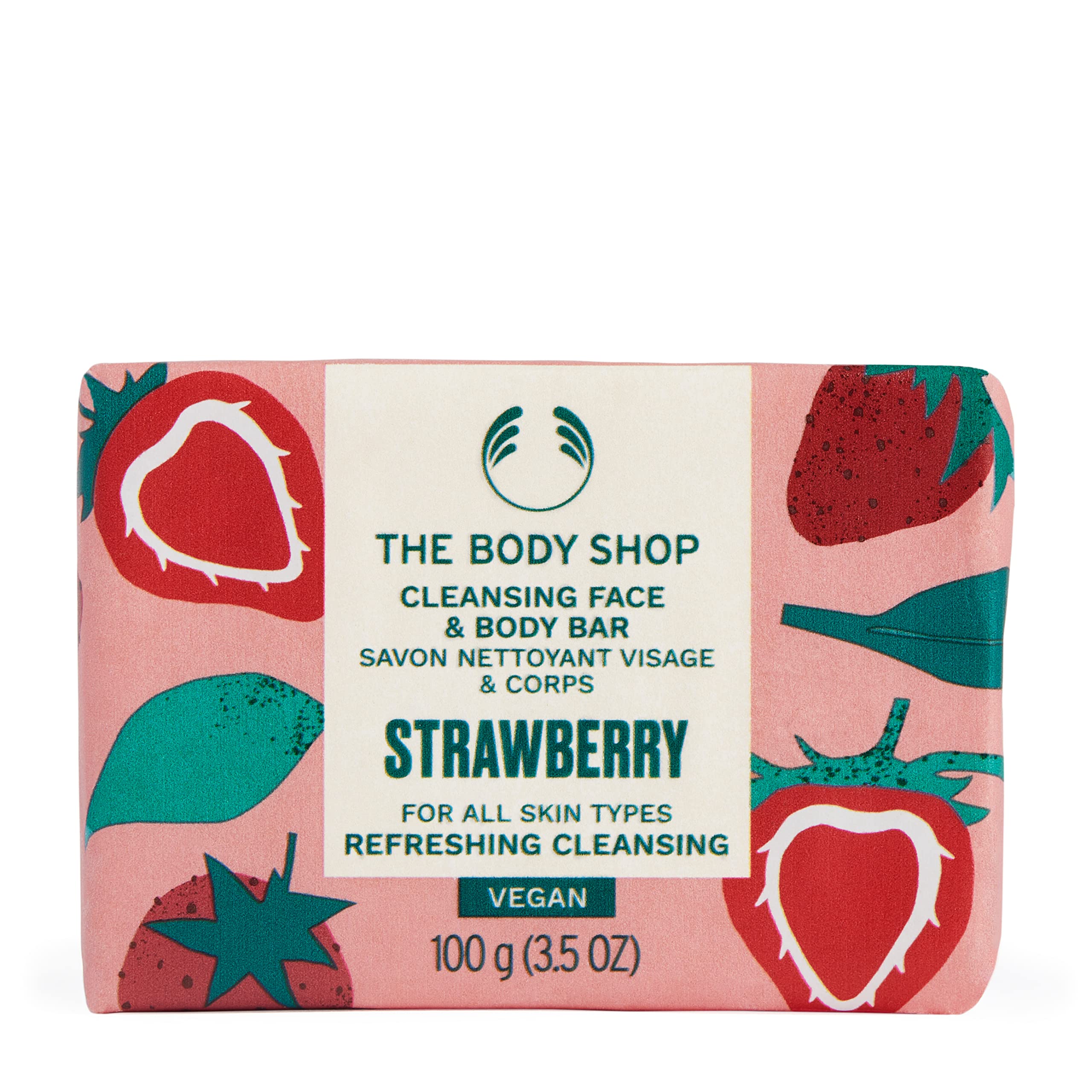 The Body Shop Strawberry Cleansing Face & Body Bar - Cleanses and Recharges Skin - Vegan - 3.5oz