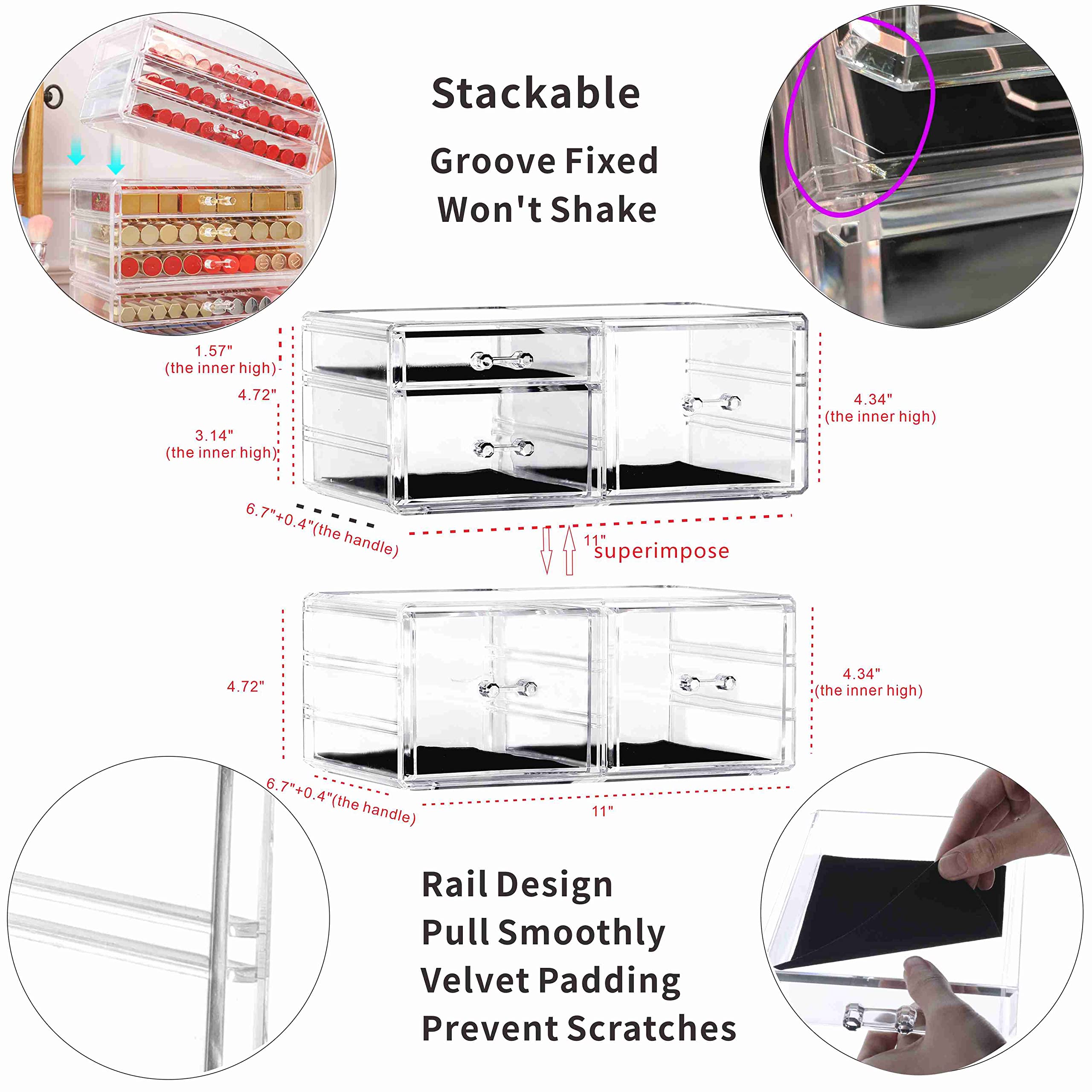 Cq Acrylic 2 Pack Clear Desk Organizer With Drawers,Stackable 5 Drawers Skincare Organizer,Cute Skin Care Organizer For Vanity H