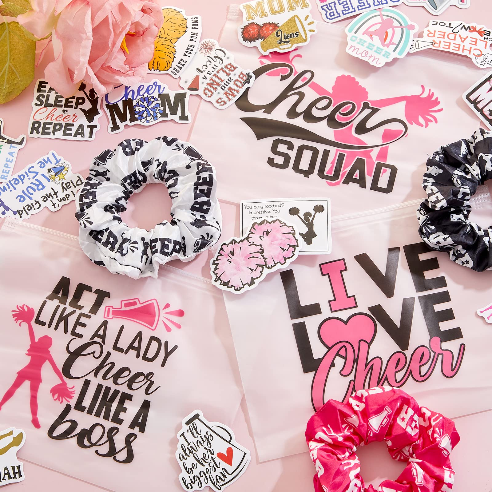 Amylove 65 Pcs Cheerleader Gifts Bulk Cheer Makeup Bag Portable Sports Cosmetic Zipper Pouches Cheer Scrunchies Cheerleading Hai