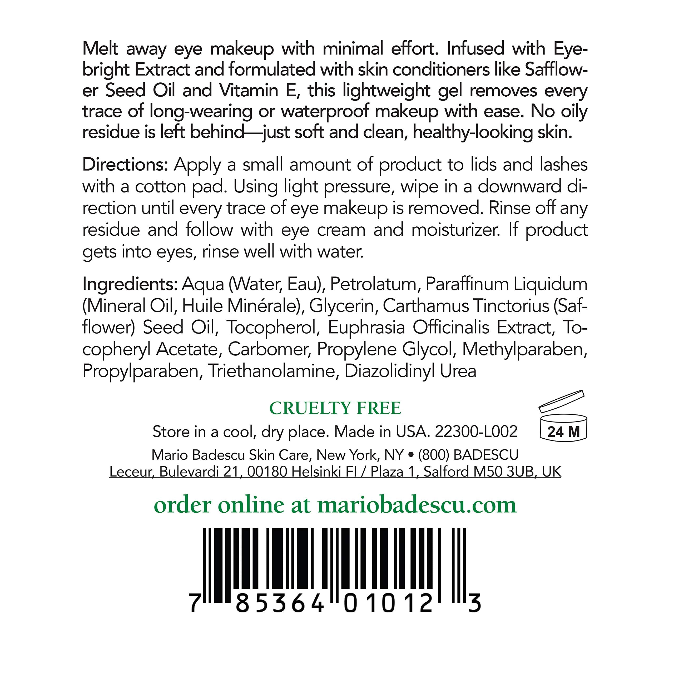 Mario Badescu Eye Makeup Remover Gel Ideal For Combination Or Oily Skin Lightweight, Non-Greasy Waterproof Eye Make Up Cleanser
