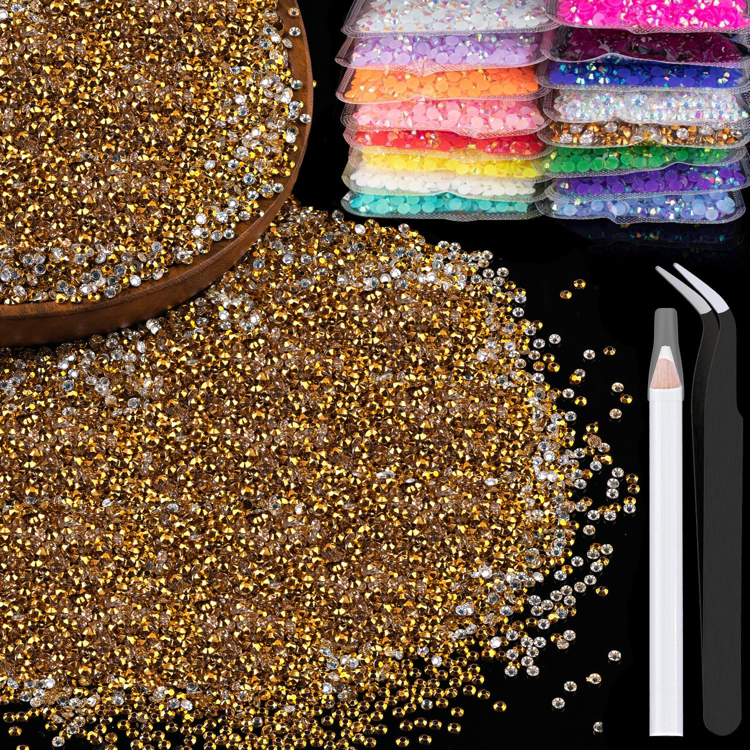 5000pcs 2mm Resin Rhinestones Bulk, Mineral Gold Flatback Round Jelly Rhinestones Bedazzling Non Hotfix Crystal Gems Large Quant