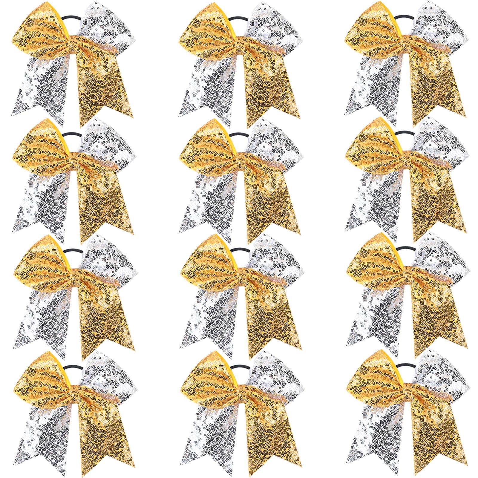 OAOLEER 12 Count 7'' Cheer Bow, Handmade Sequin Glitter Ribbon Hair Tie for Cheerleading Team Sports, Girls Hair Accessories, Go