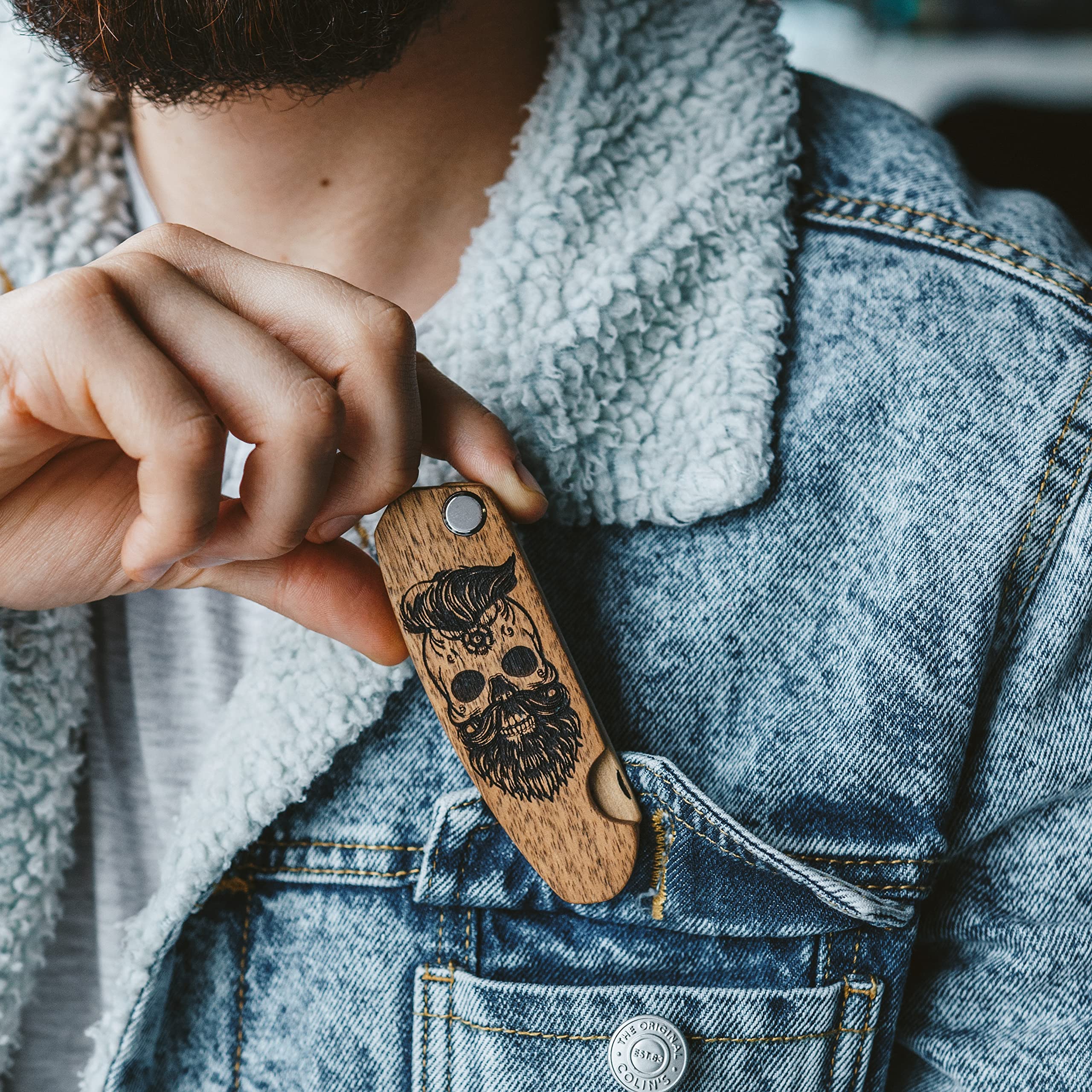 Beard Comb For Men Pocket Folding Combs For Mustache & Hair Travel Natural Wooden Comb With Real Man Engraving - Perfect For Use