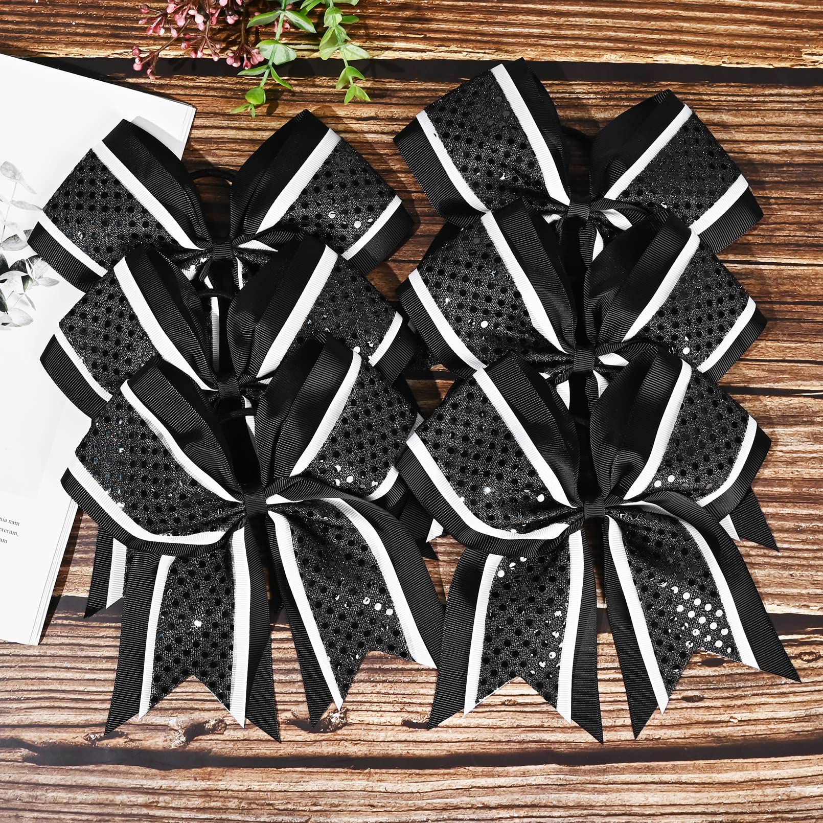 12 Pcs 8'' Large Glitter Cheer Bows Shiny Girl Hair Bows Ponytail Holder Sparkly Black Cheerleading Softball Team Bow Hair Acces