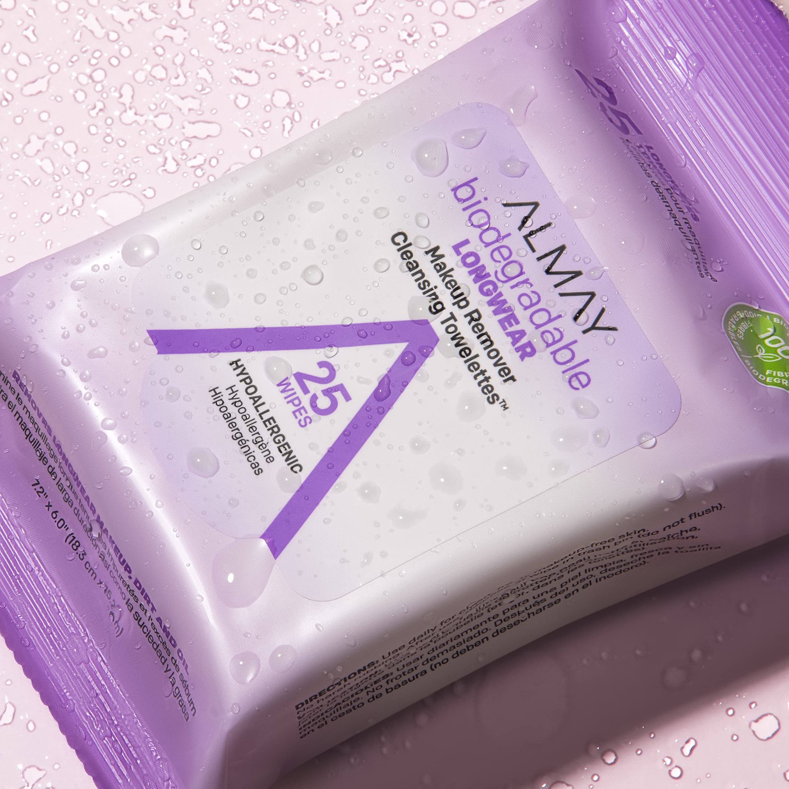 Almay Face Makeup Remover Wipes, Longwear & Waterproof, Hypoallergenic, Fragrance Free, Dermatologist & Ophthalmologist Tested,
