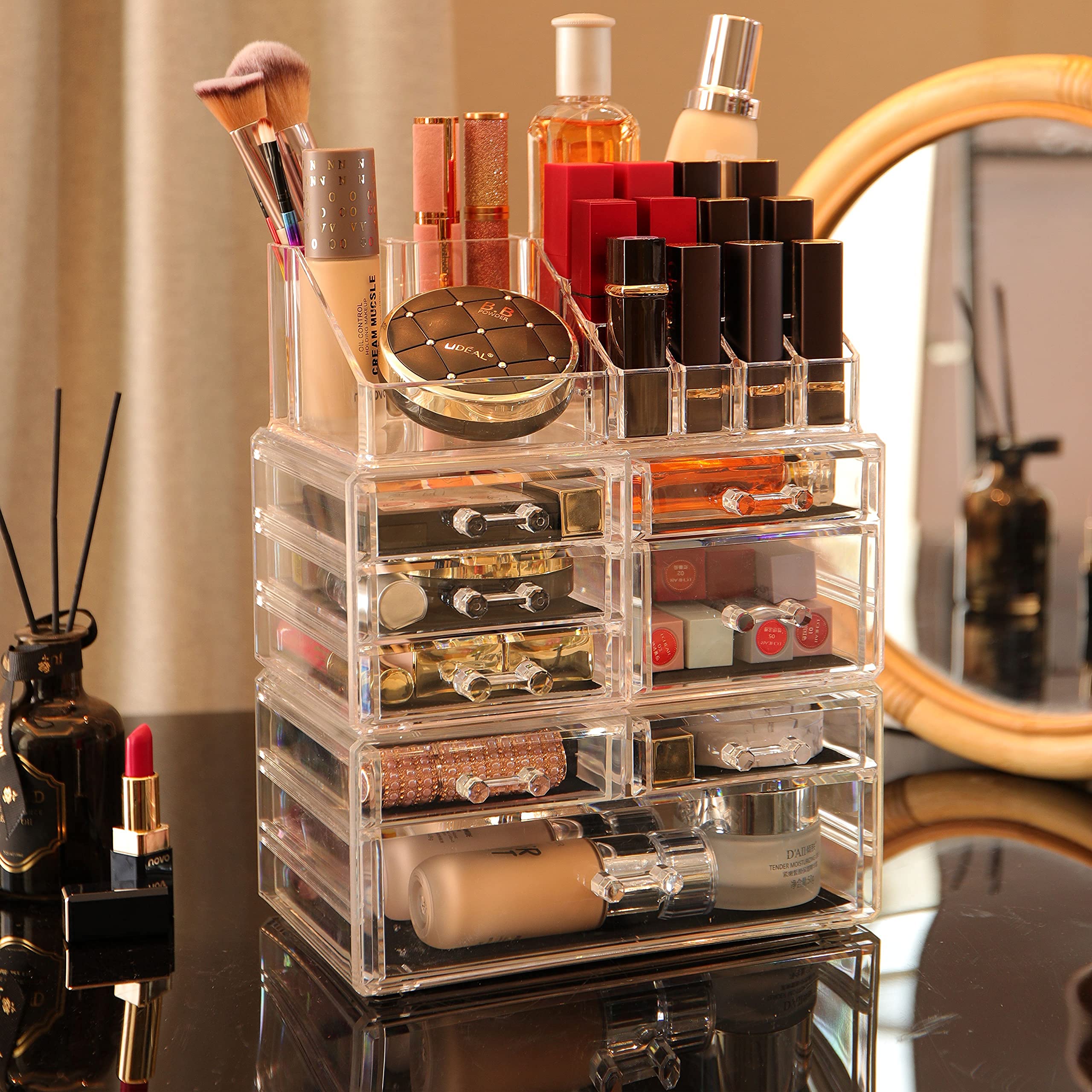 Large Clear Makeup Organizer Skin Care Cosmetic Display Cases Stackable Storage Box Make Up Container Cube With 8 Drawers,Set Of