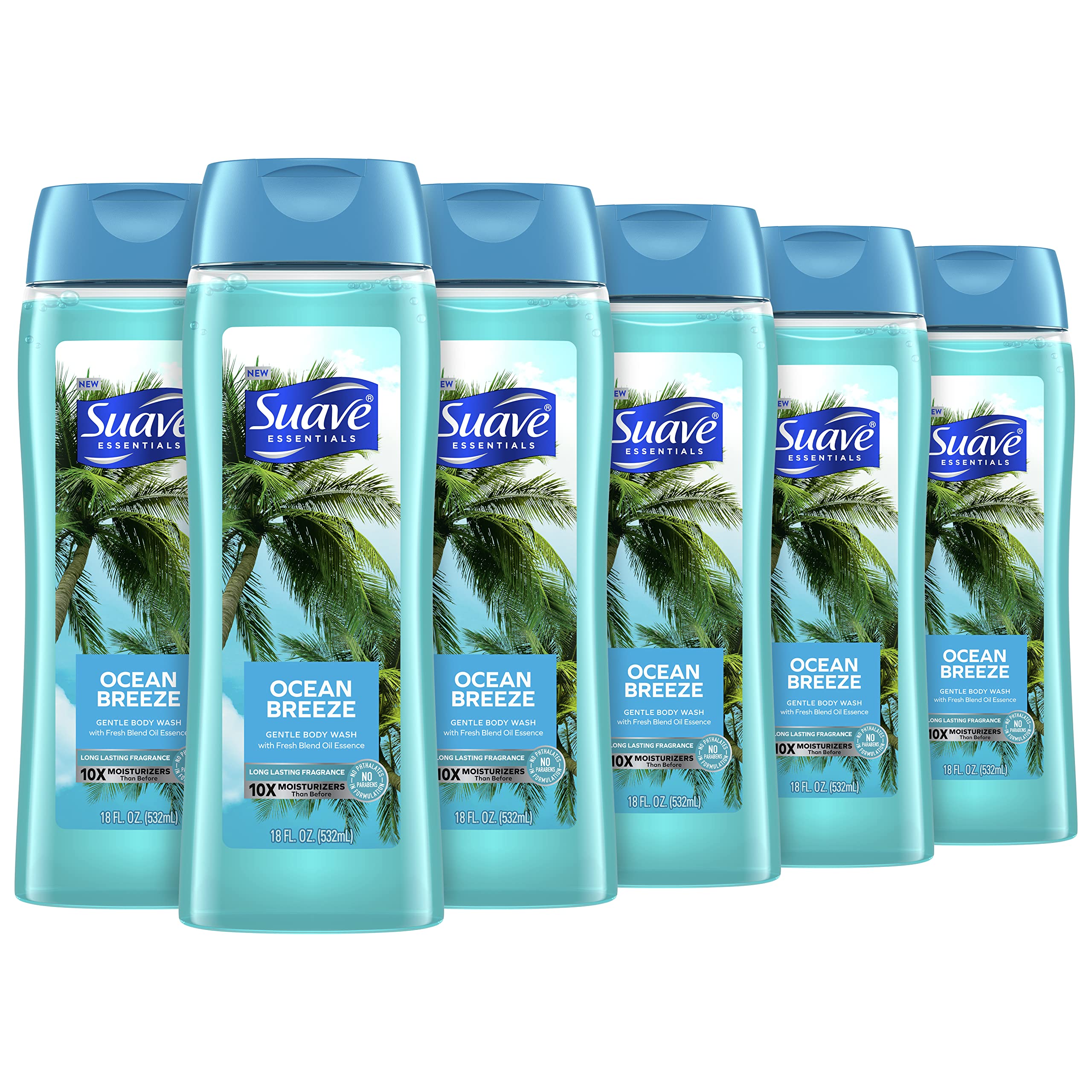 Suave Essentials Gentle Body Wash Ocean Breeze 6 Count With A Fresh Oil Blend Essence Infused With Vitamin E & Algae Extract 18 