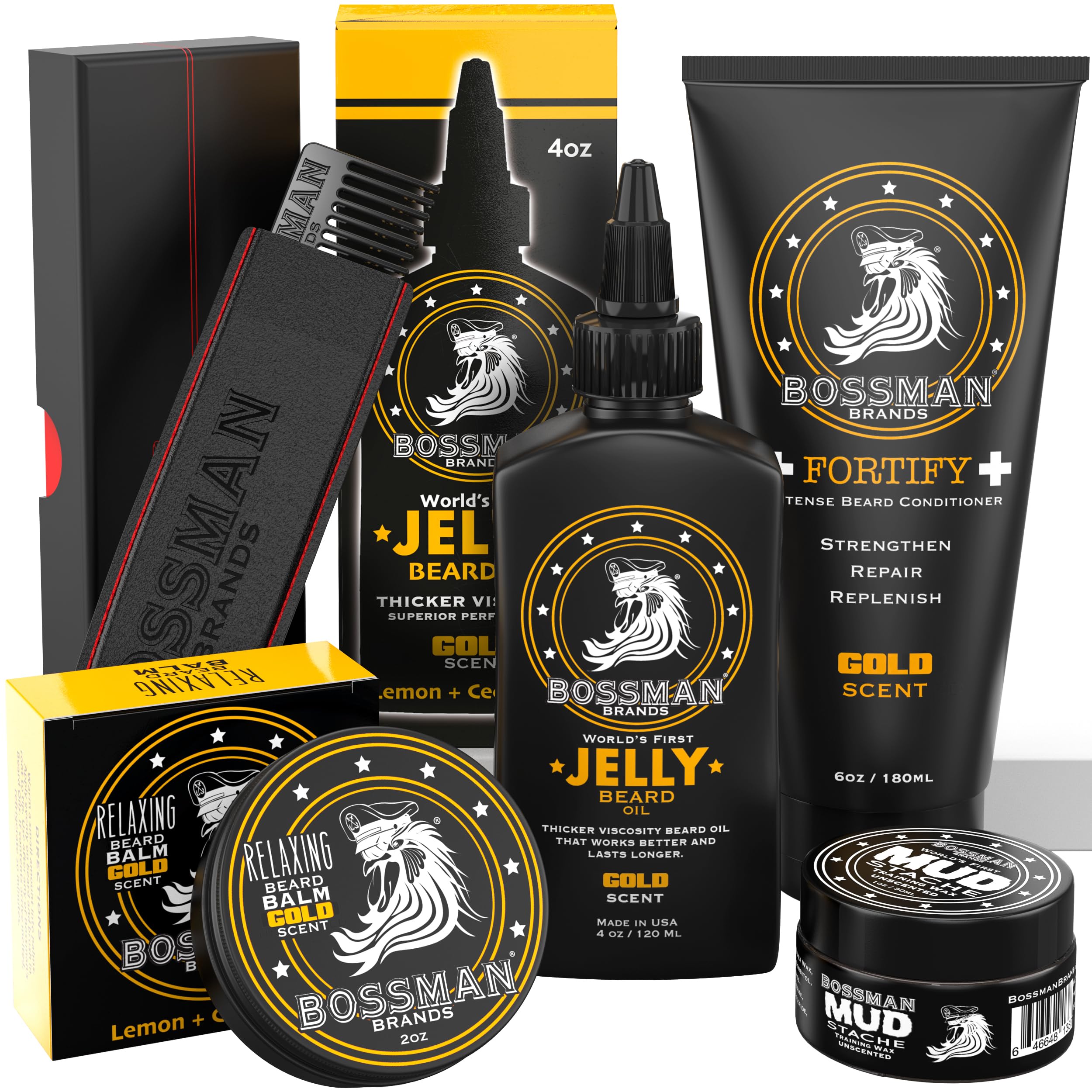 Bossman Complete Beard Kit - Men'S Beard Oil Jelly, Fortify Shower Conditioner, Balm, Mustache Wax And Comb - Beard Softener, Gr