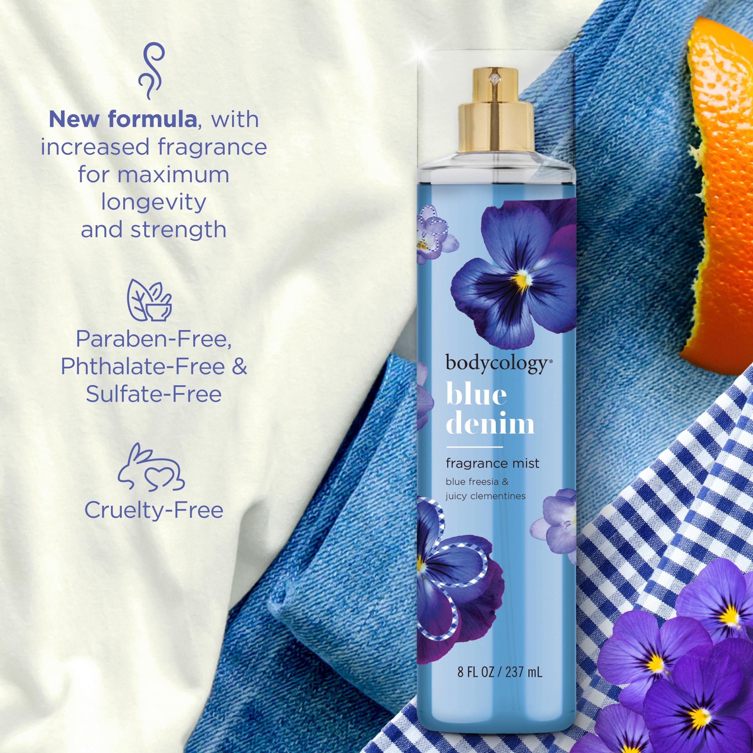 Bodycology Long-Lasting Fragrance Body Mist, Blue Denim, 8 Fl Oz