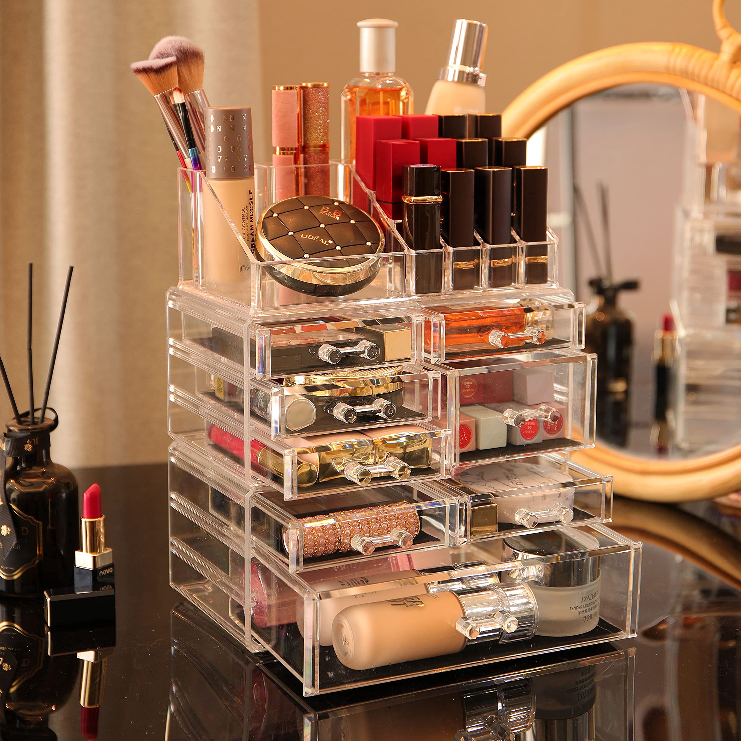 Large Clear Makeup Organizer Skin Care Cosmetic Display Cases Stackable Storage Box Make Up Container Cube With 8 Drawers,Set Of