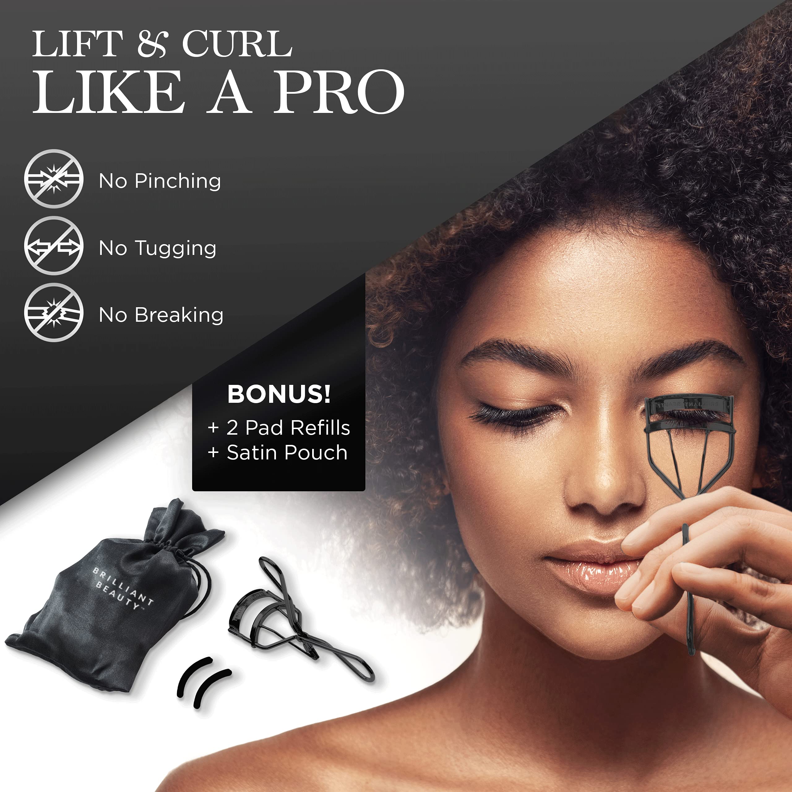 Brilliant Beauty Eyelash Curler With Satin Bag & Refill Pads - Award Winning Eye Lash Curlers For Dramatically Curled Eyelashes
