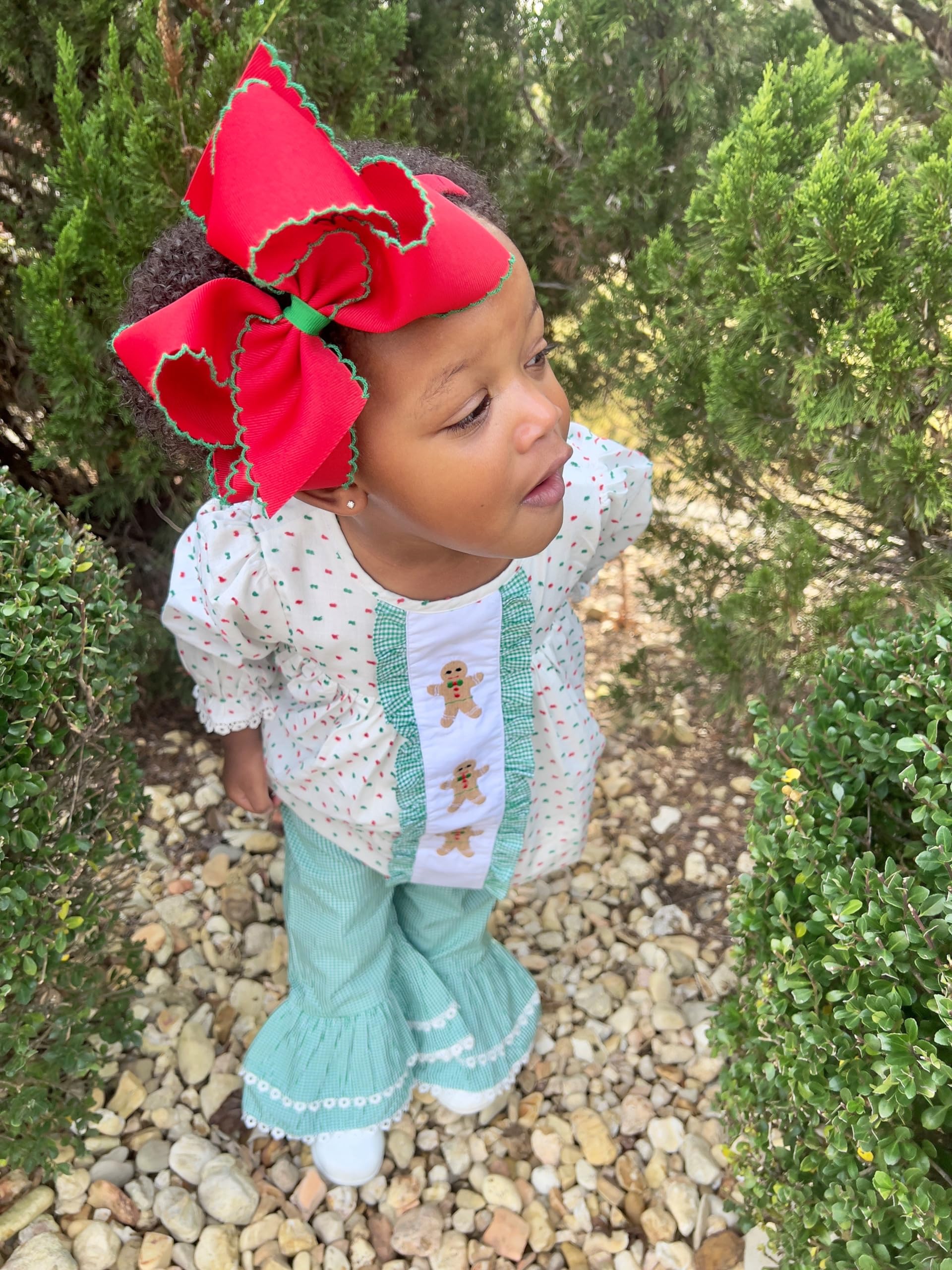Wee Ones Girls' Grosgrain Hair Bow With Contrasting Moonstitch Edge And Wrap On A Weestay Hair Clip, King, Red With Green